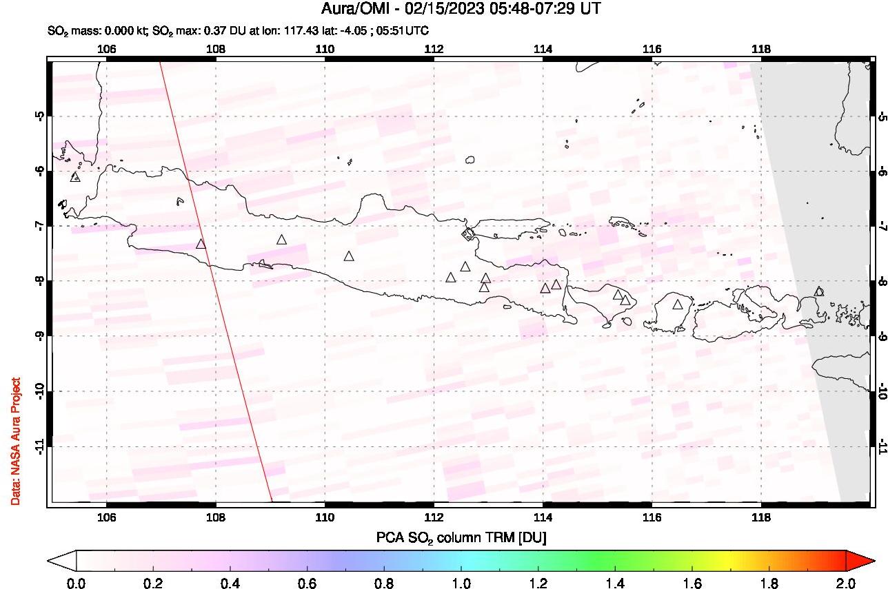 A sulfur dioxide image over Java, Indonesia on Feb 15, 2023.