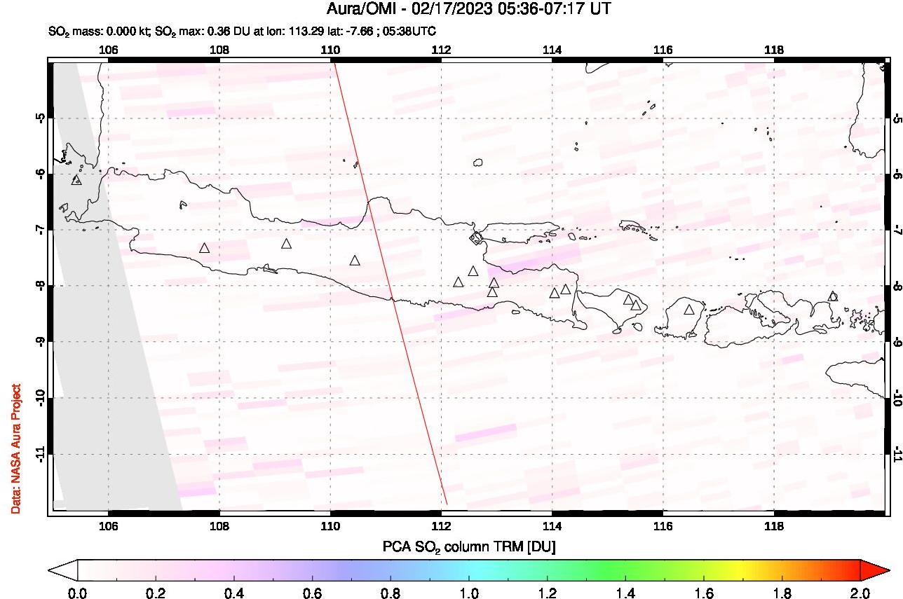 A sulfur dioxide image over Java, Indonesia on Feb 17, 2023.