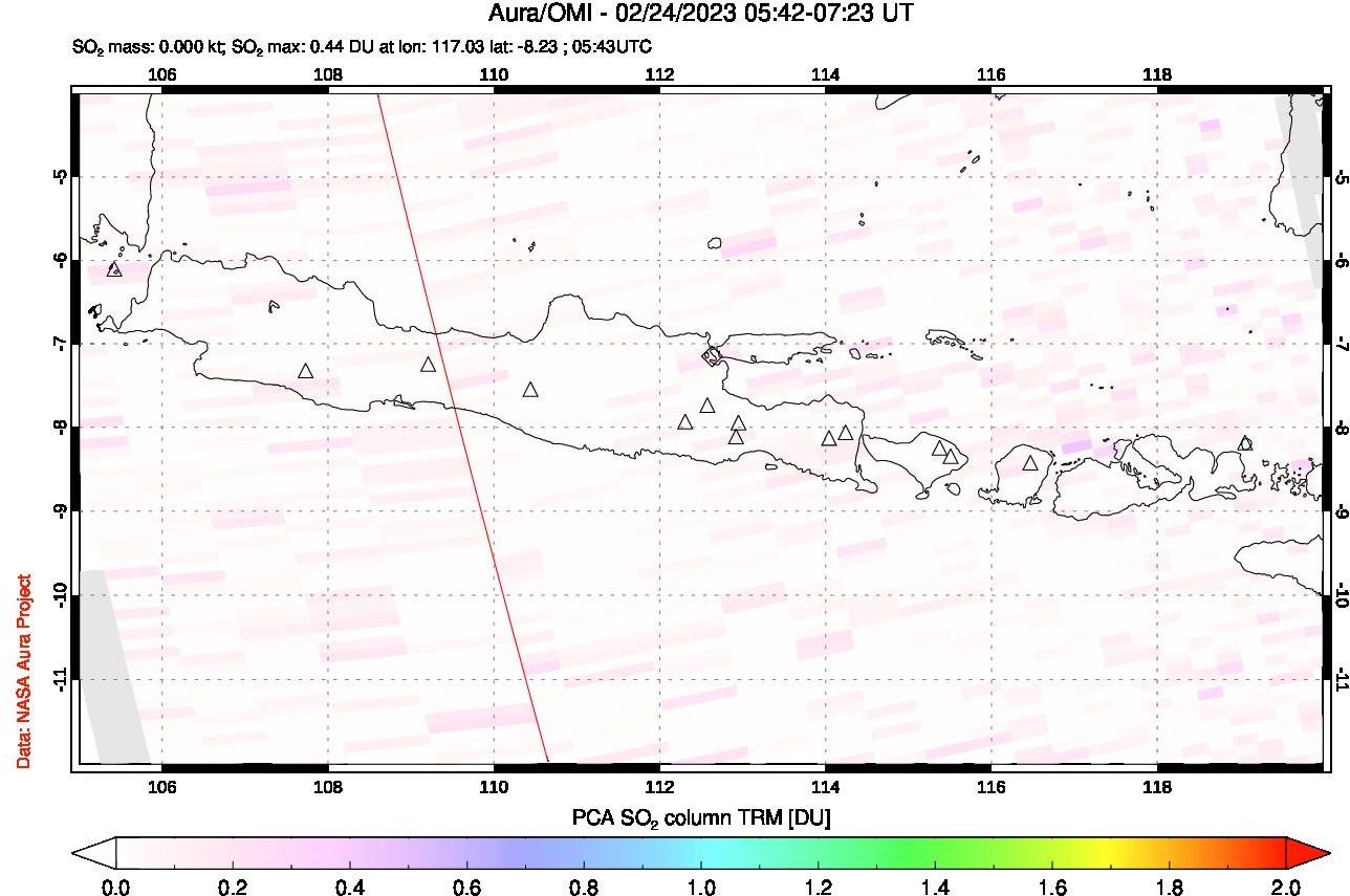 A sulfur dioxide image over Java, Indonesia on Feb 24, 2023.