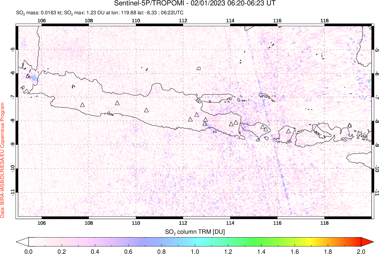 A sulfur dioxide image over Java, Indonesia on Feb 01, 2023.