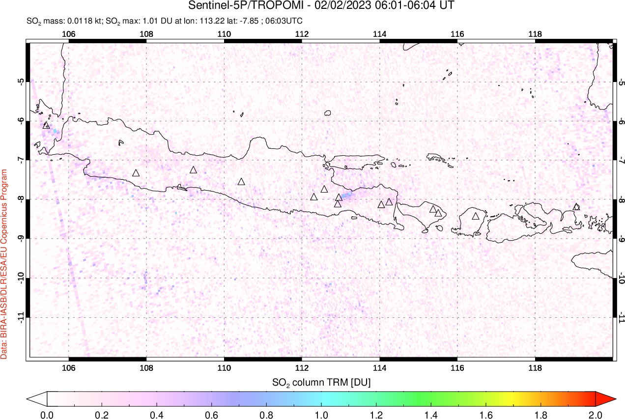 A sulfur dioxide image over Java, Indonesia on Feb 02, 2023.