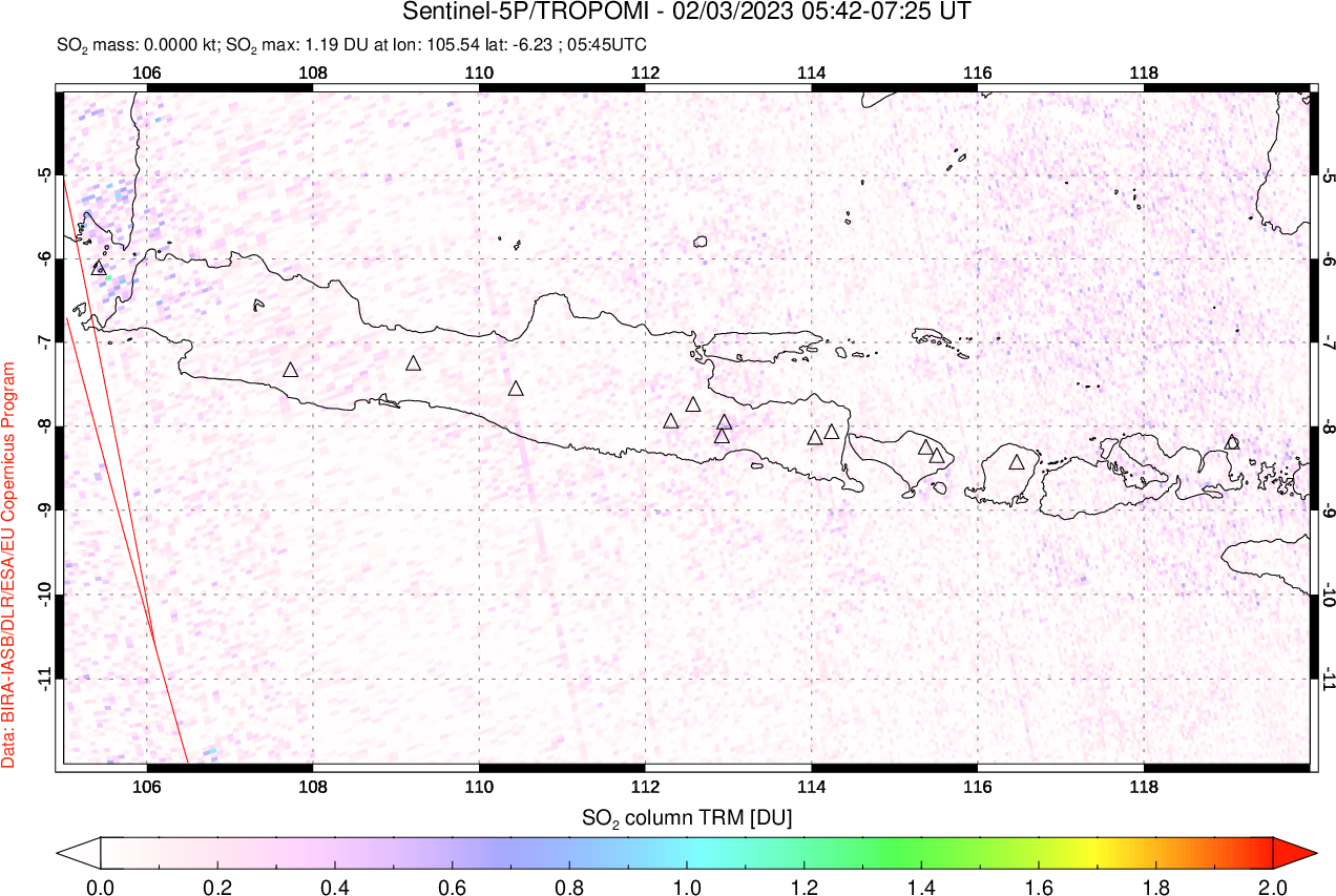 A sulfur dioxide image over Java, Indonesia on Feb 03, 2023.