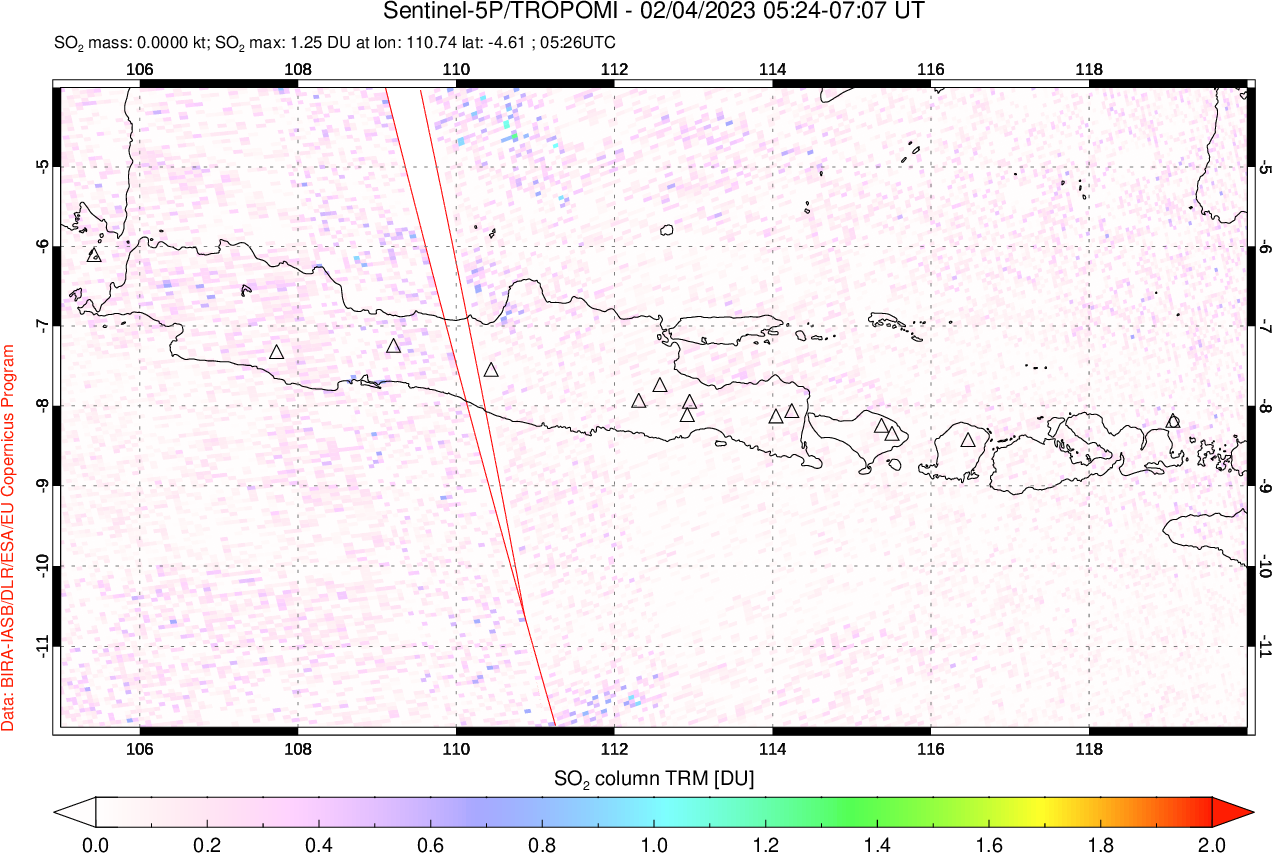 A sulfur dioxide image over Java, Indonesia on Feb 04, 2023.