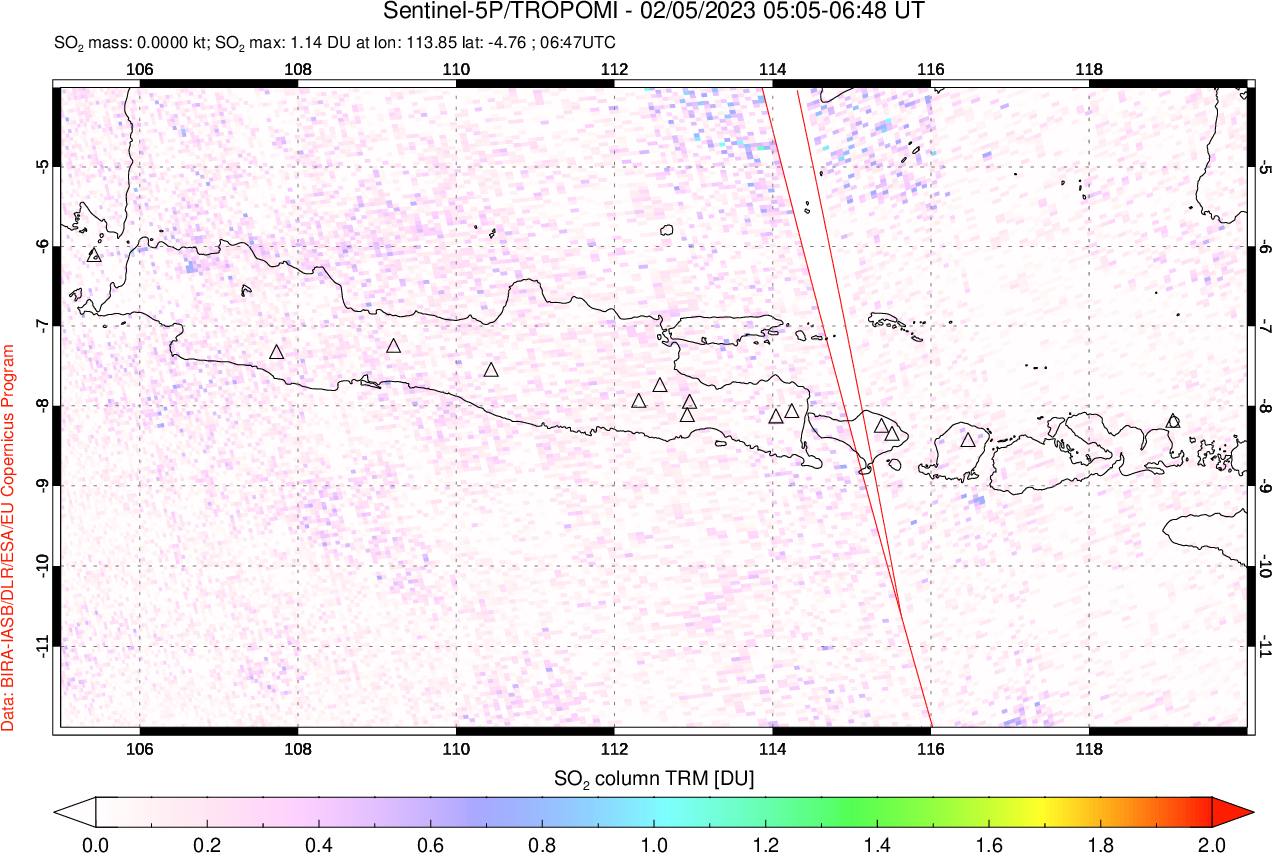 A sulfur dioxide image over Java, Indonesia on Feb 05, 2023.