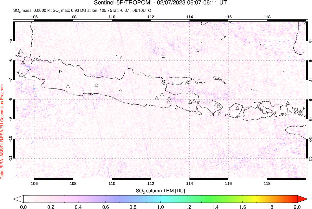 A sulfur dioxide image over Java, Indonesia on Feb 07, 2023.