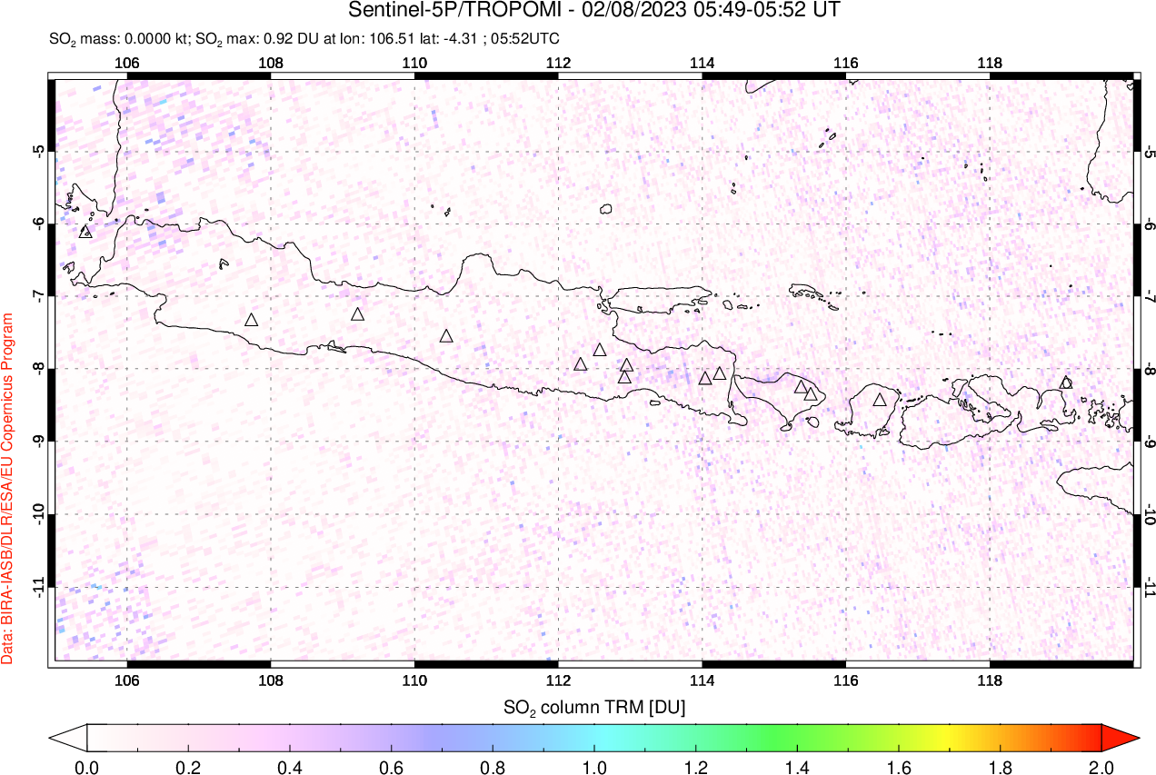 A sulfur dioxide image over Java, Indonesia on Feb 08, 2023.