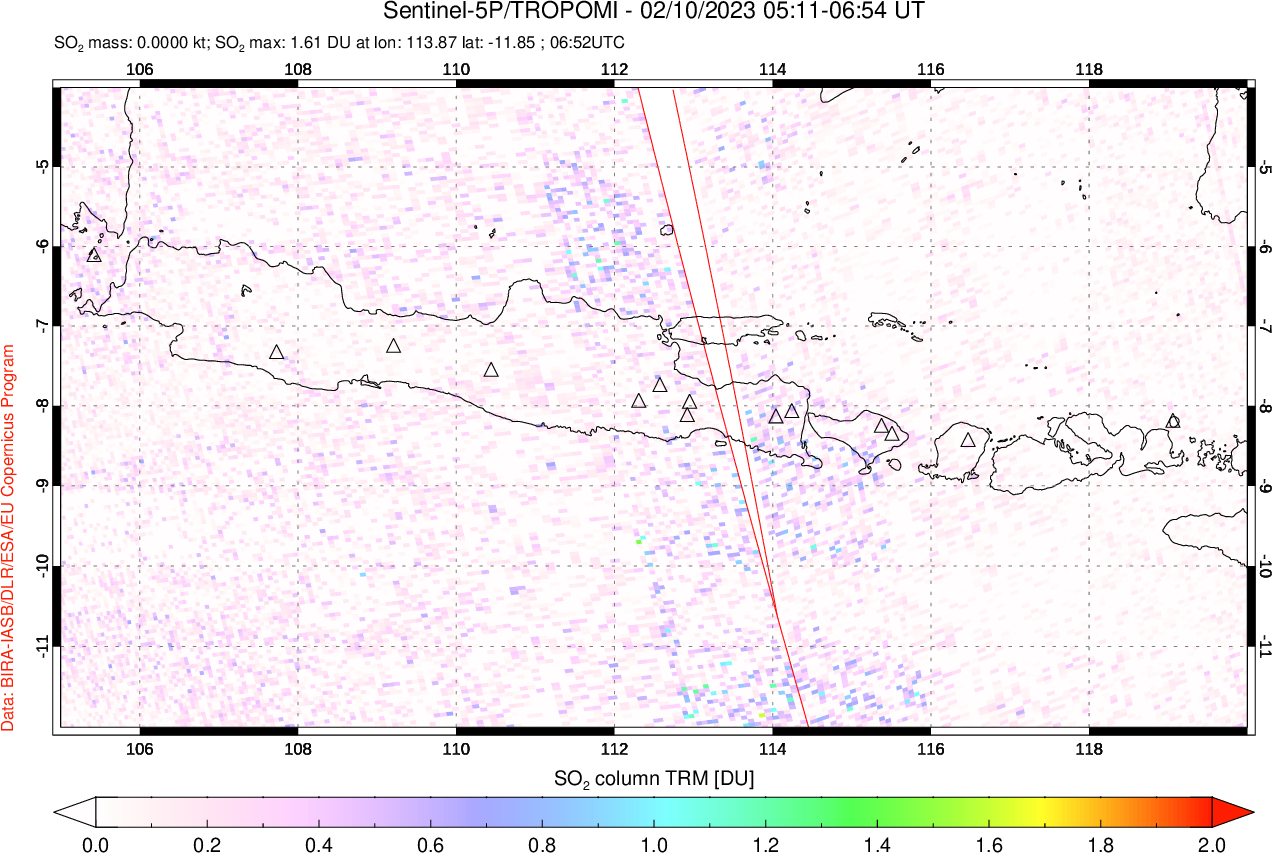 A sulfur dioxide image over Java, Indonesia on Feb 10, 2023.