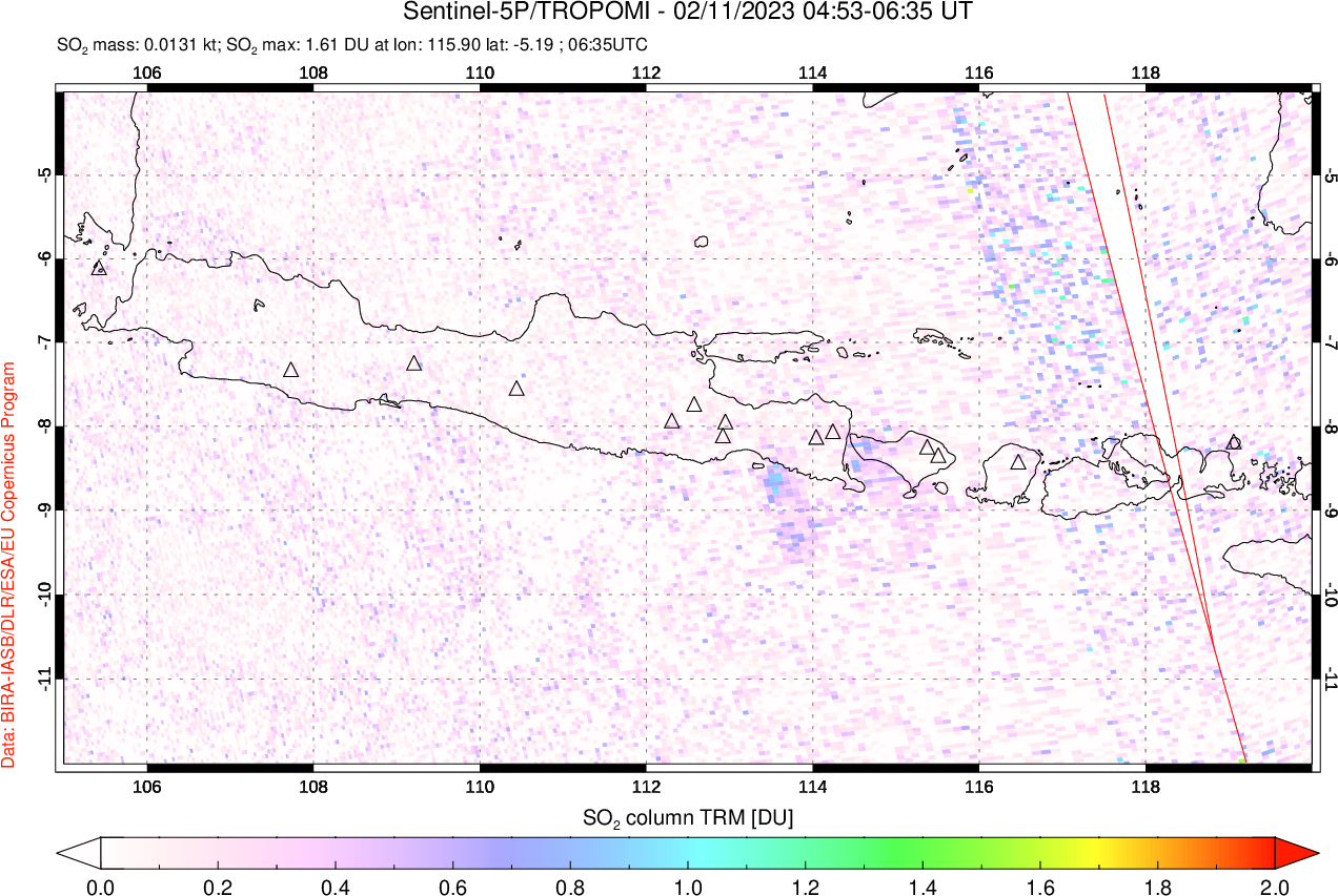 A sulfur dioxide image over Java, Indonesia on Feb 11, 2023.