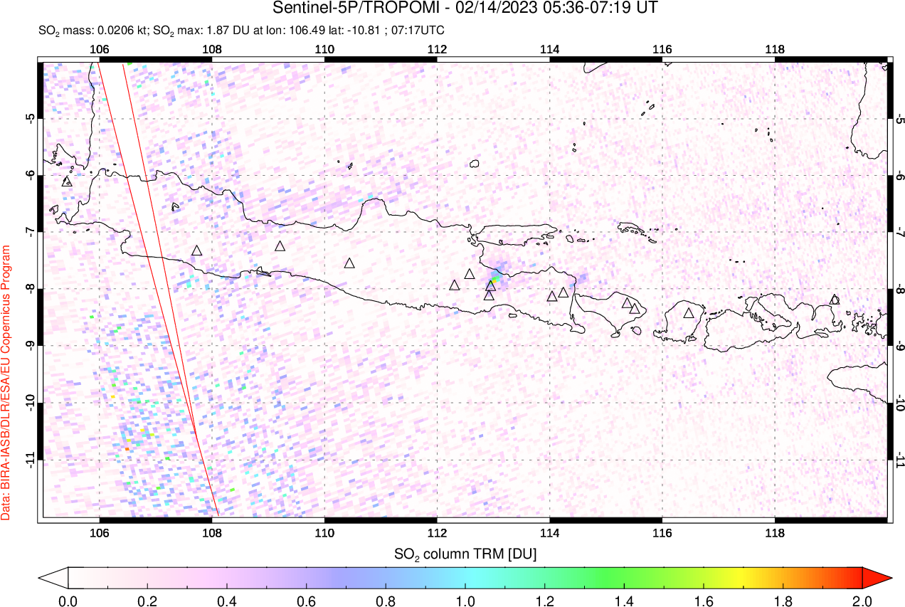 A sulfur dioxide image over Java, Indonesia on Feb 14, 2023.