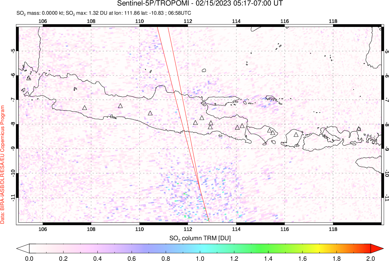 A sulfur dioxide image over Java, Indonesia on Feb 15, 2023.