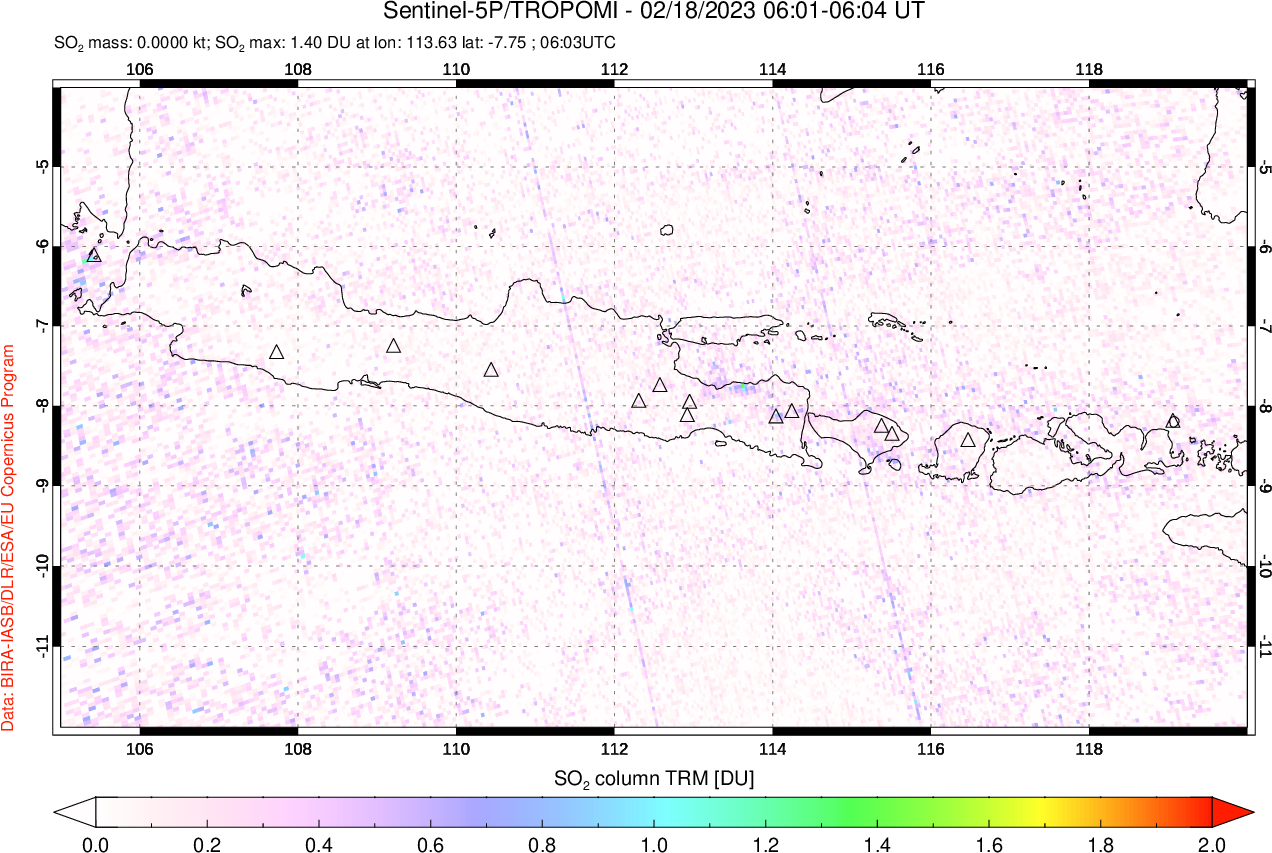 A sulfur dioxide image over Java, Indonesia on Feb 18, 2023.