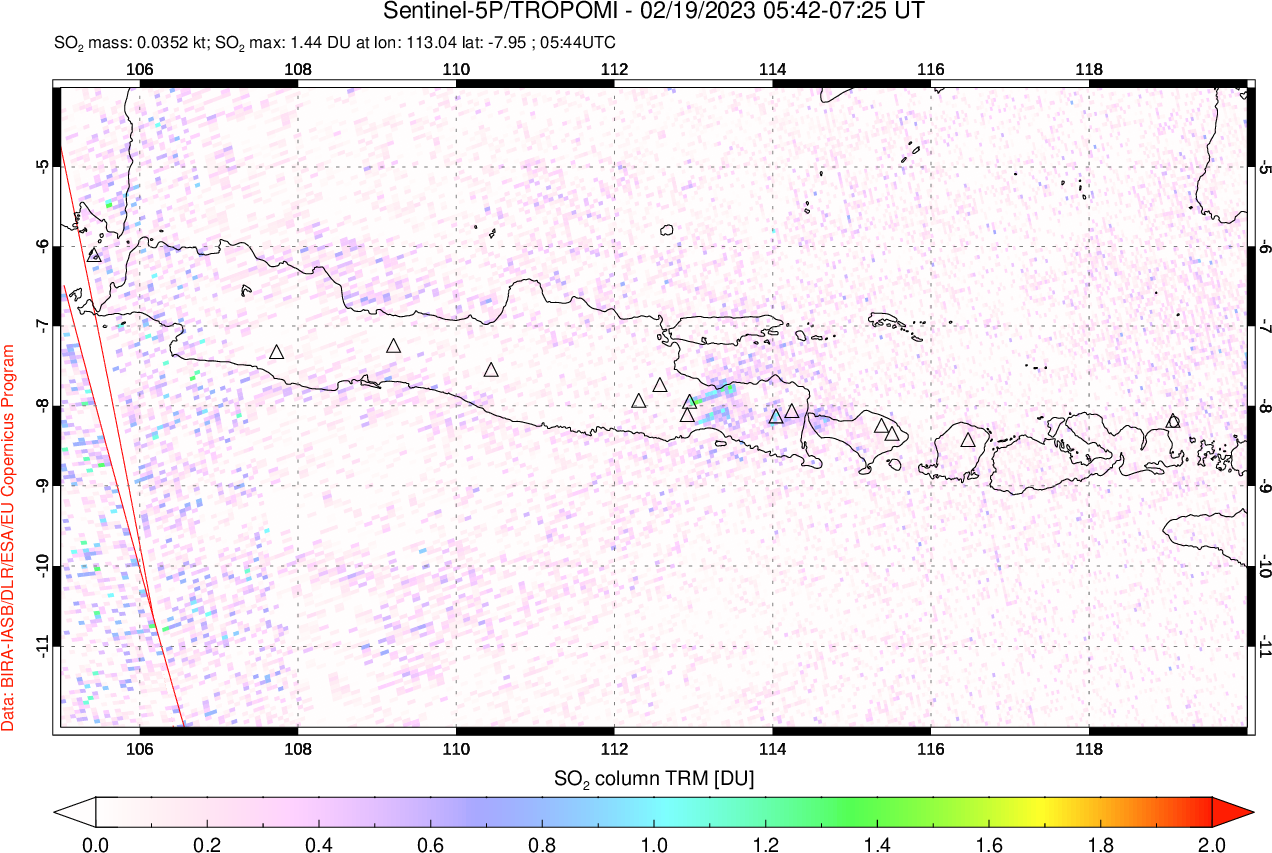 A sulfur dioxide image over Java, Indonesia on Feb 19, 2023.