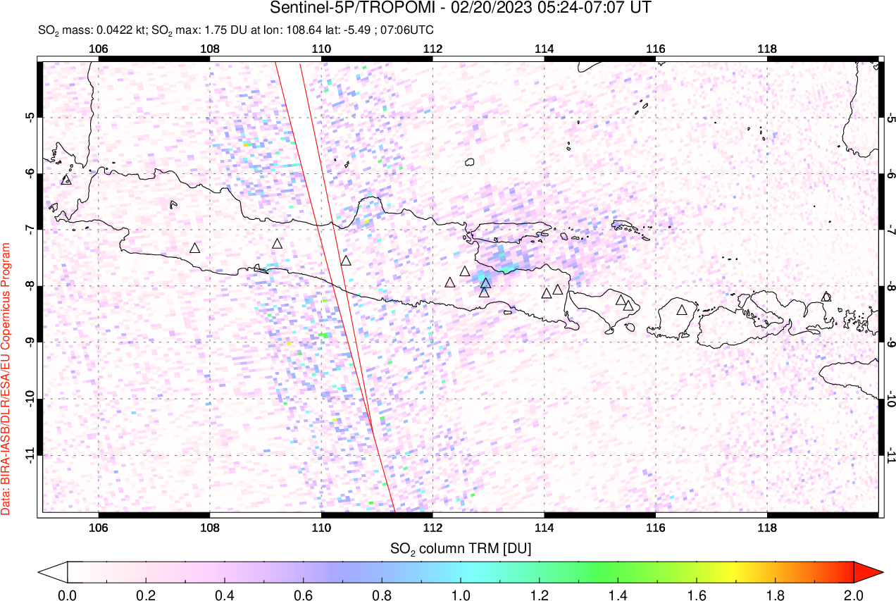 A sulfur dioxide image over Java, Indonesia on Feb 20, 2023.