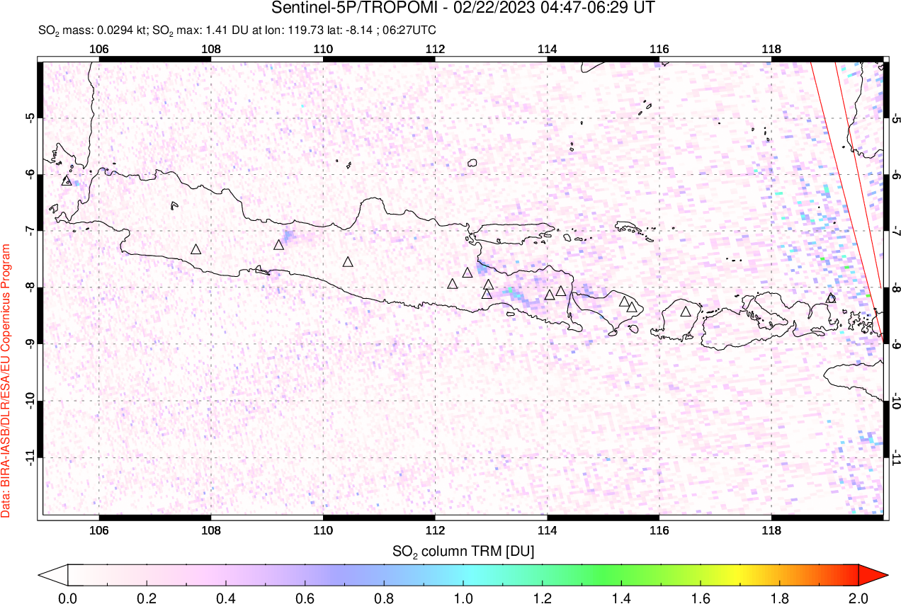 A sulfur dioxide image over Java, Indonesia on Feb 22, 2023.