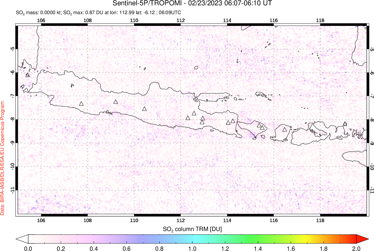 A sulfur dioxide image over Java, Indonesia on Feb 23, 2023.