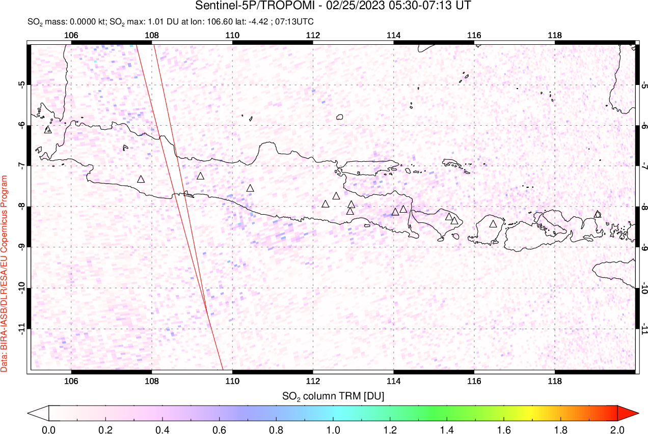 A sulfur dioxide image over Java, Indonesia on Feb 25, 2023.