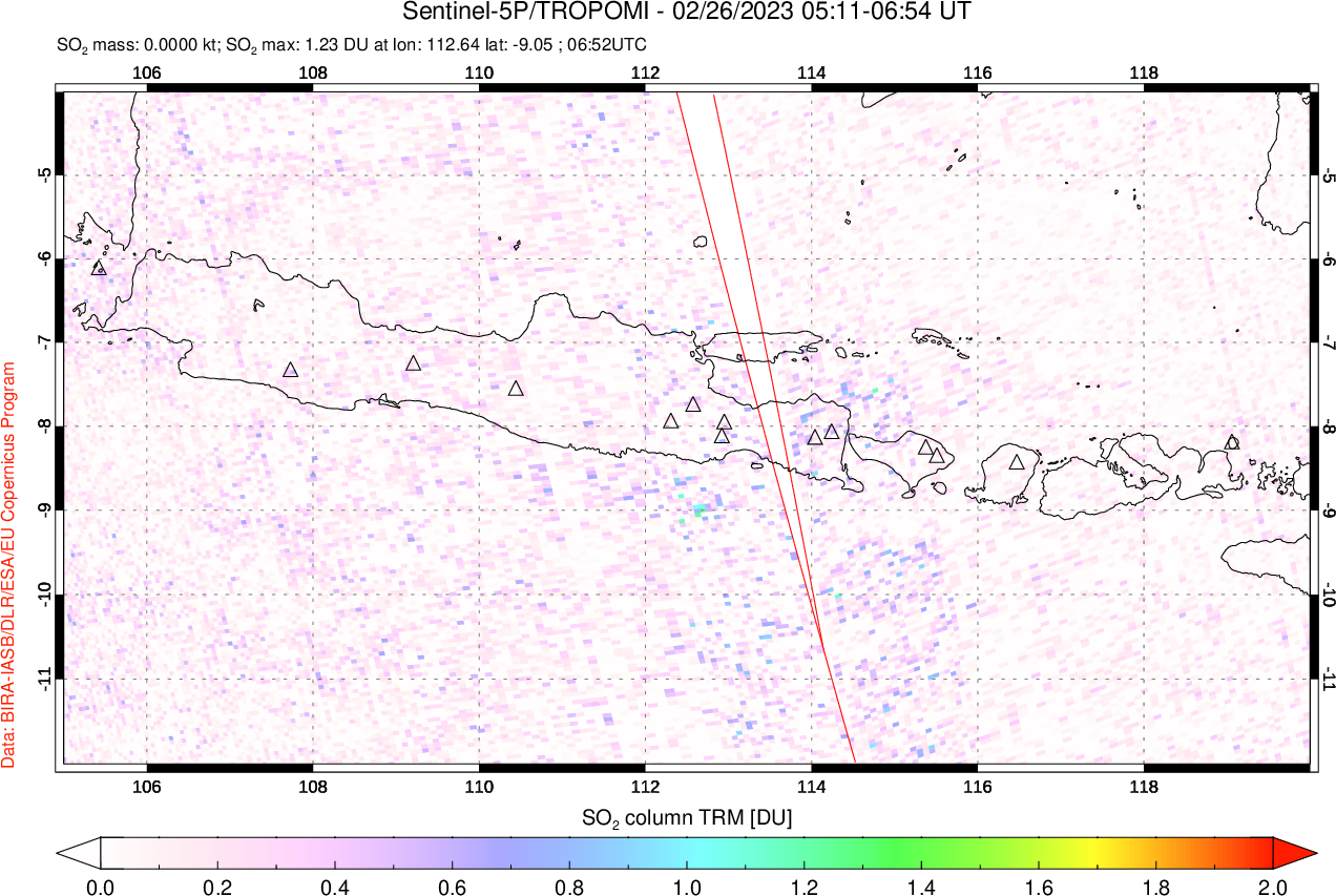 A sulfur dioxide image over Java, Indonesia on Feb 26, 2023.