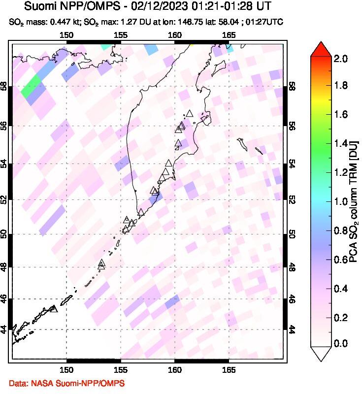 A sulfur dioxide image over Kamchatka, Russian Federation on Feb 12, 2023.