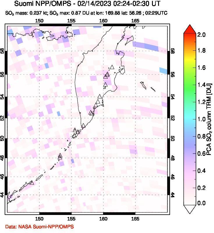 A sulfur dioxide image over Kamchatka, Russian Federation on Feb 14, 2023.