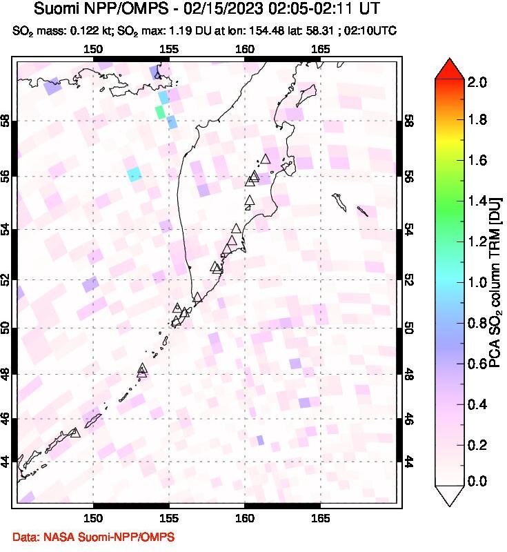 A sulfur dioxide image over Kamchatka, Russian Federation on Feb 15, 2023.