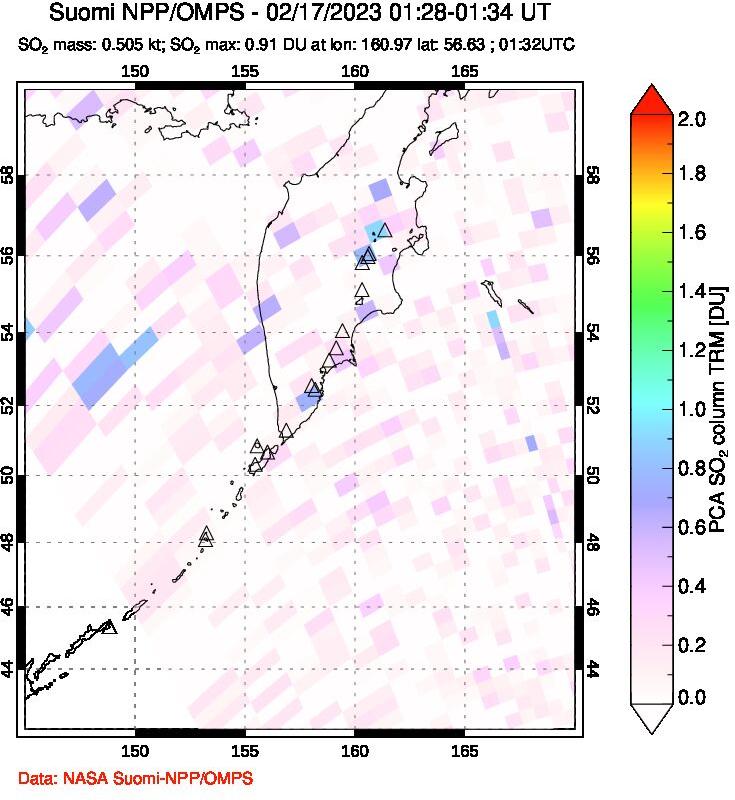 A sulfur dioxide image over Kamchatka, Russian Federation on Feb 17, 2023.