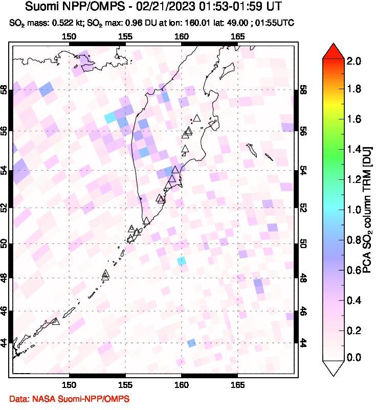 A sulfur dioxide image over Kamchatka, Russian Federation on Feb 21, 2023.