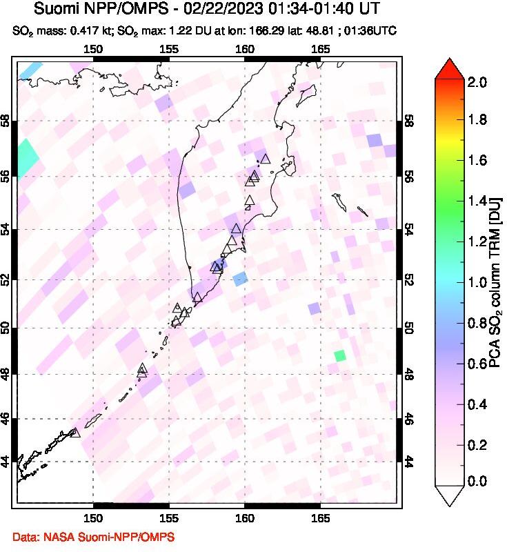 A sulfur dioxide image over Kamchatka, Russian Federation on Feb 22, 2023.