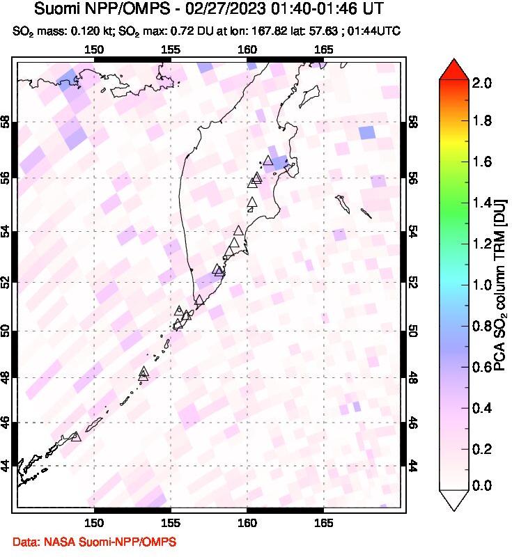 A sulfur dioxide image over Kamchatka, Russian Federation on Feb 27, 2023.