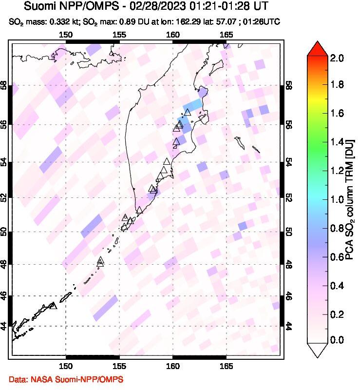 A sulfur dioxide image over Kamchatka, Russian Federation on Feb 28, 2023.