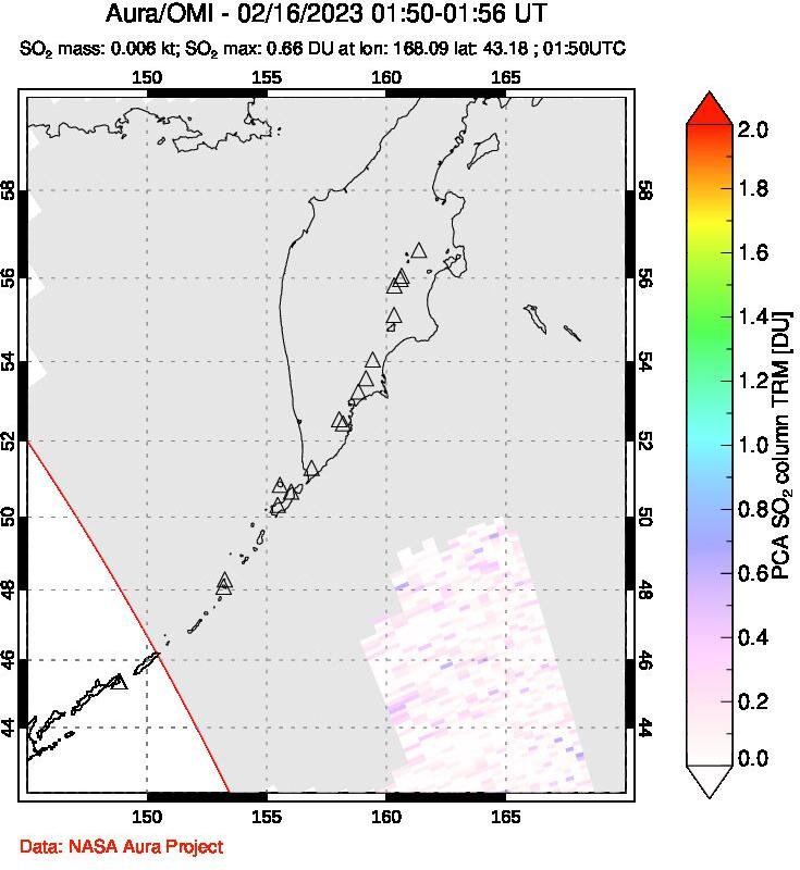A sulfur dioxide image over Kamchatka, Russian Federation on Feb 16, 2023.