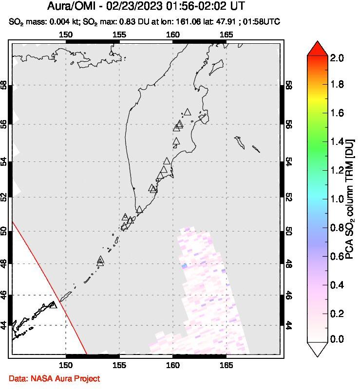 A sulfur dioxide image over Kamchatka, Russian Federation on Feb 23, 2023.
