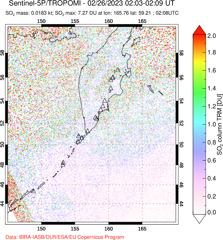 A sulfur dioxide image over Kamchatka, Russian Federation on Feb 26, 2023.