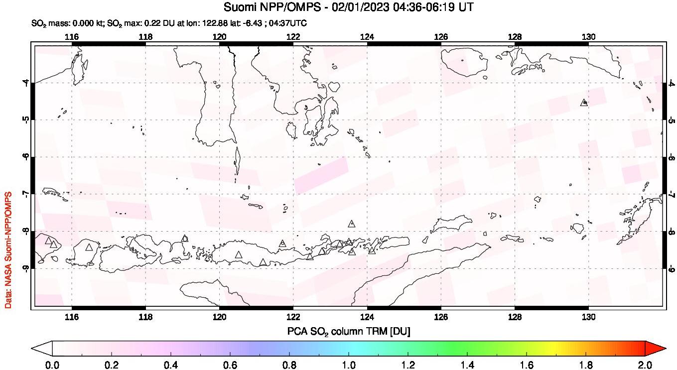 A sulfur dioxide image over Lesser Sunda Islands, Indonesia on Feb 01, 2023.