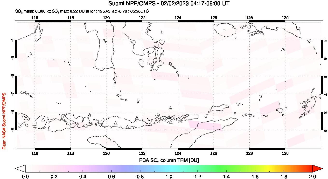 A sulfur dioxide image over Lesser Sunda Islands, Indonesia on Feb 02, 2023.