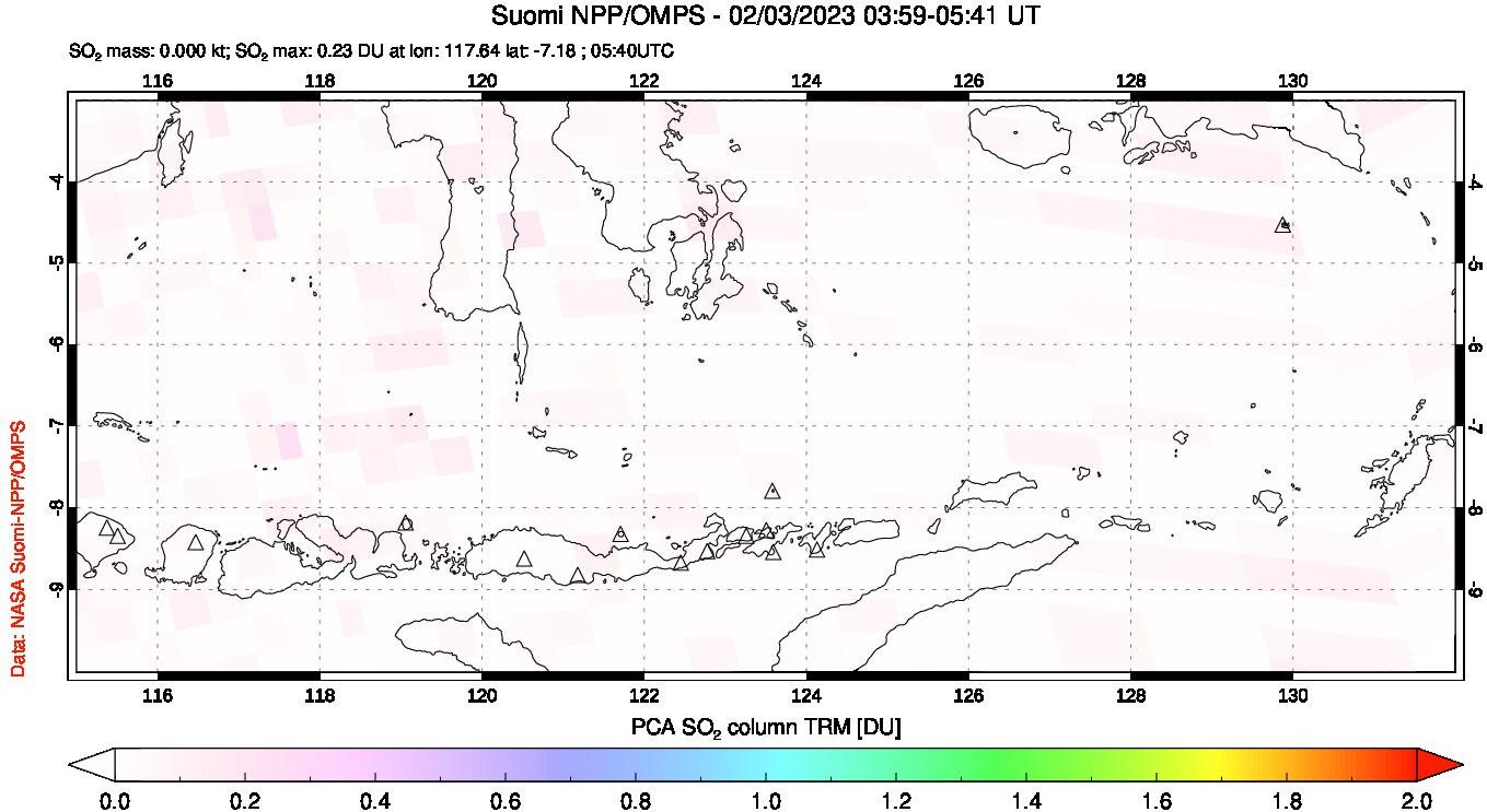 A sulfur dioxide image over Lesser Sunda Islands, Indonesia on Feb 03, 2023.
