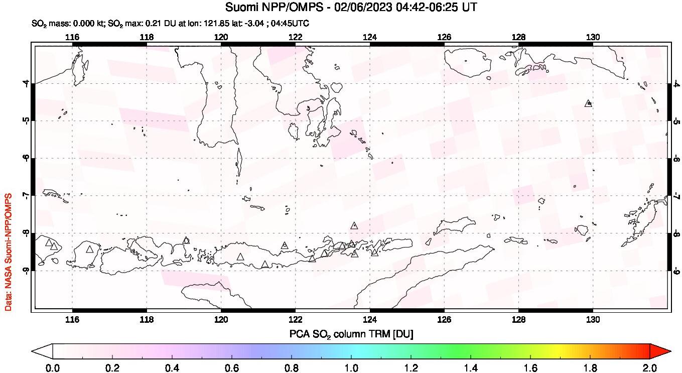 A sulfur dioxide image over Lesser Sunda Islands, Indonesia on Feb 06, 2023.