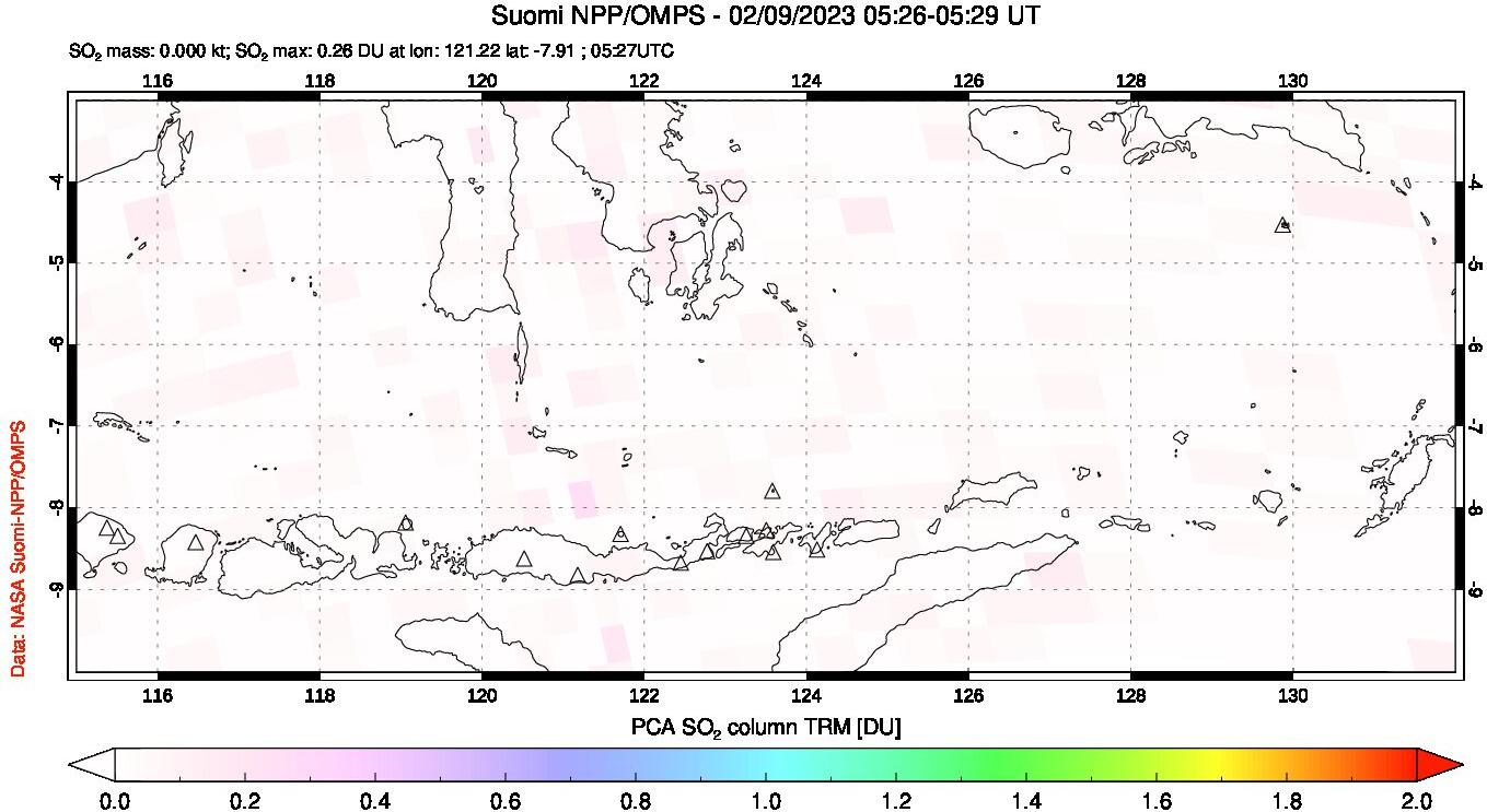 A sulfur dioxide image over Lesser Sunda Islands, Indonesia on Feb 09, 2023.