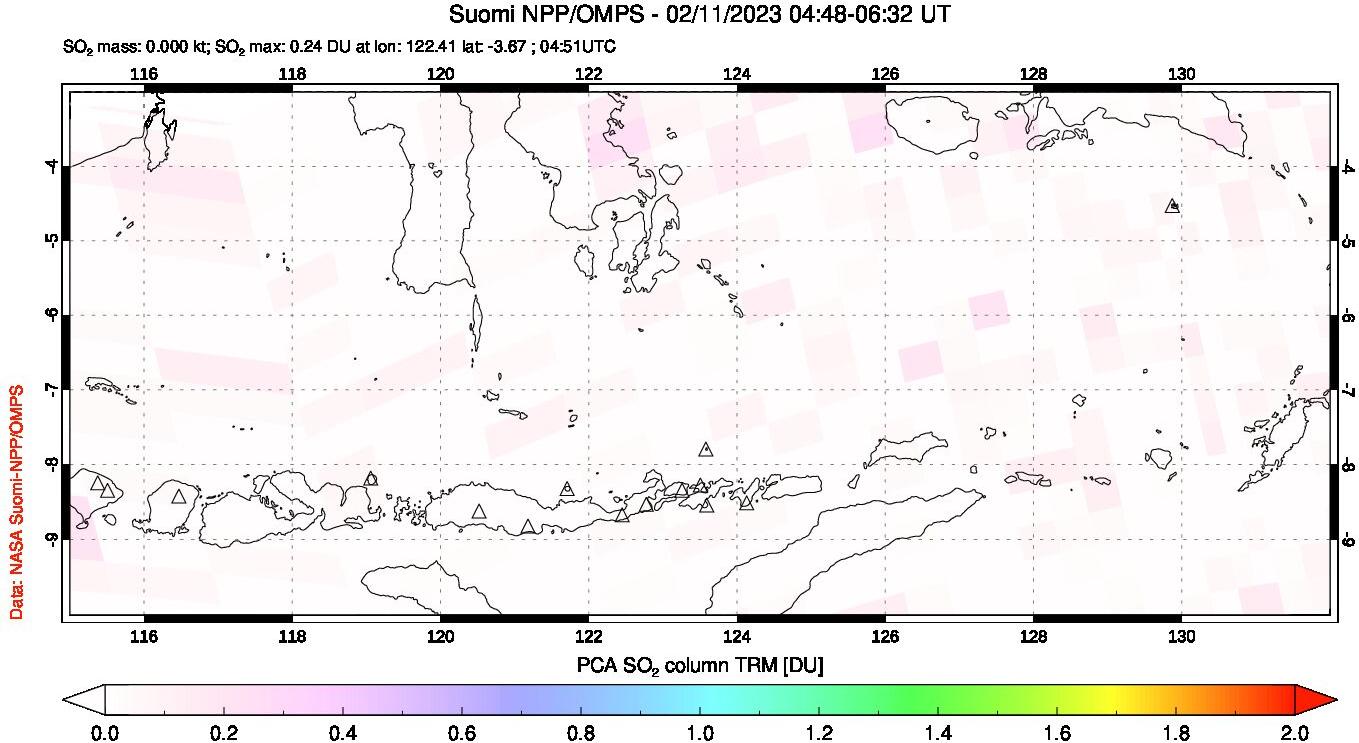 A sulfur dioxide image over Lesser Sunda Islands, Indonesia on Feb 11, 2023.