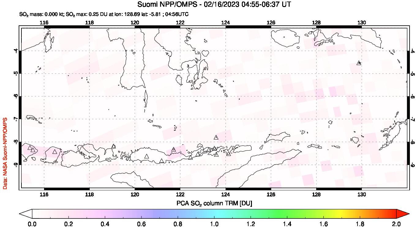 A sulfur dioxide image over Lesser Sunda Islands, Indonesia on Feb 16, 2023.