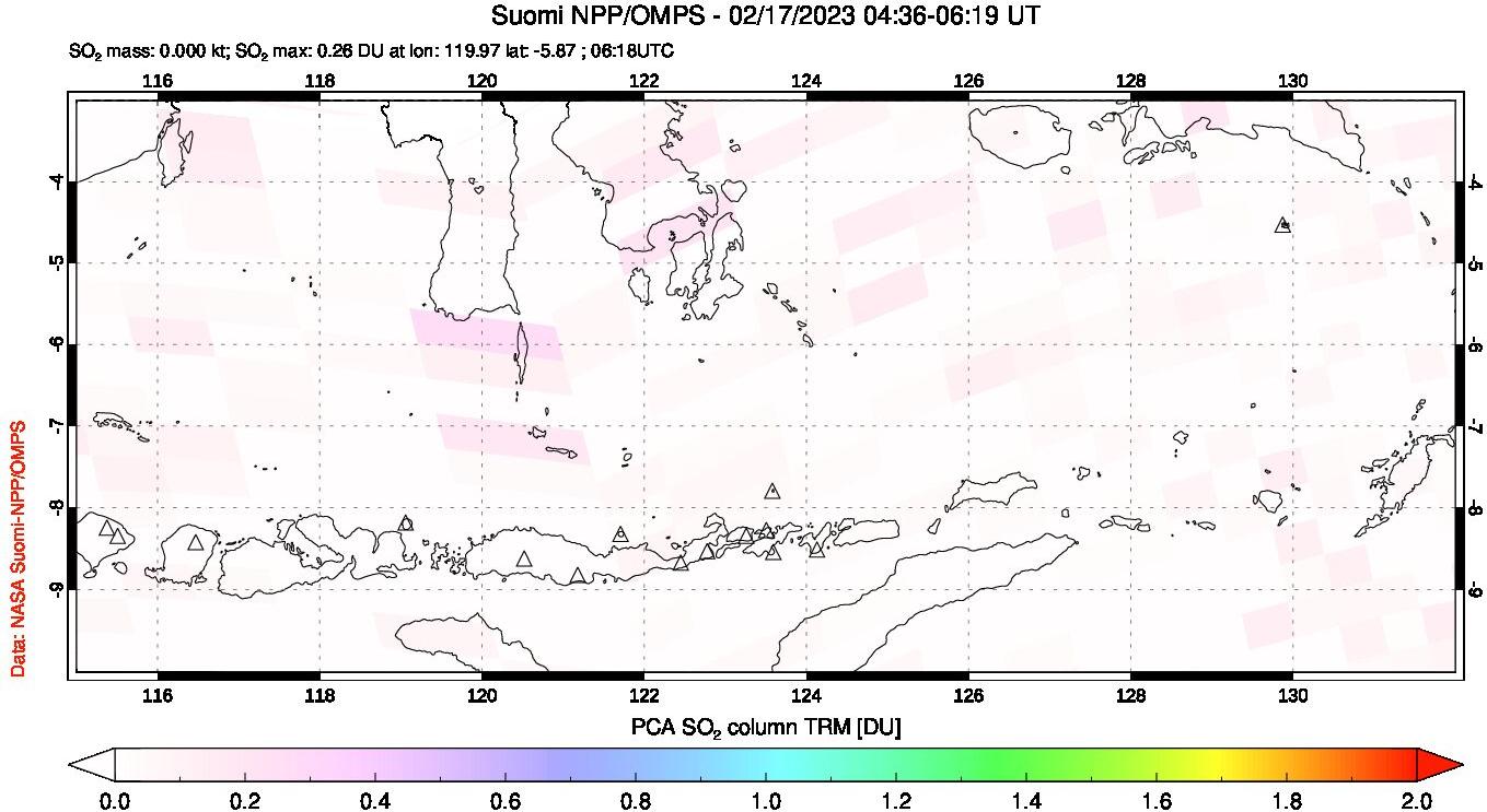 A sulfur dioxide image over Lesser Sunda Islands, Indonesia on Feb 17, 2023.