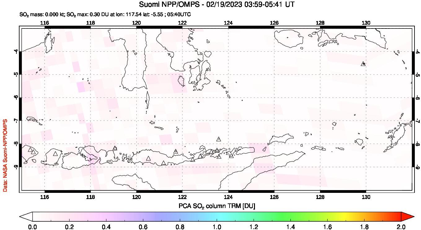A sulfur dioxide image over Lesser Sunda Islands, Indonesia on Feb 19, 2023.