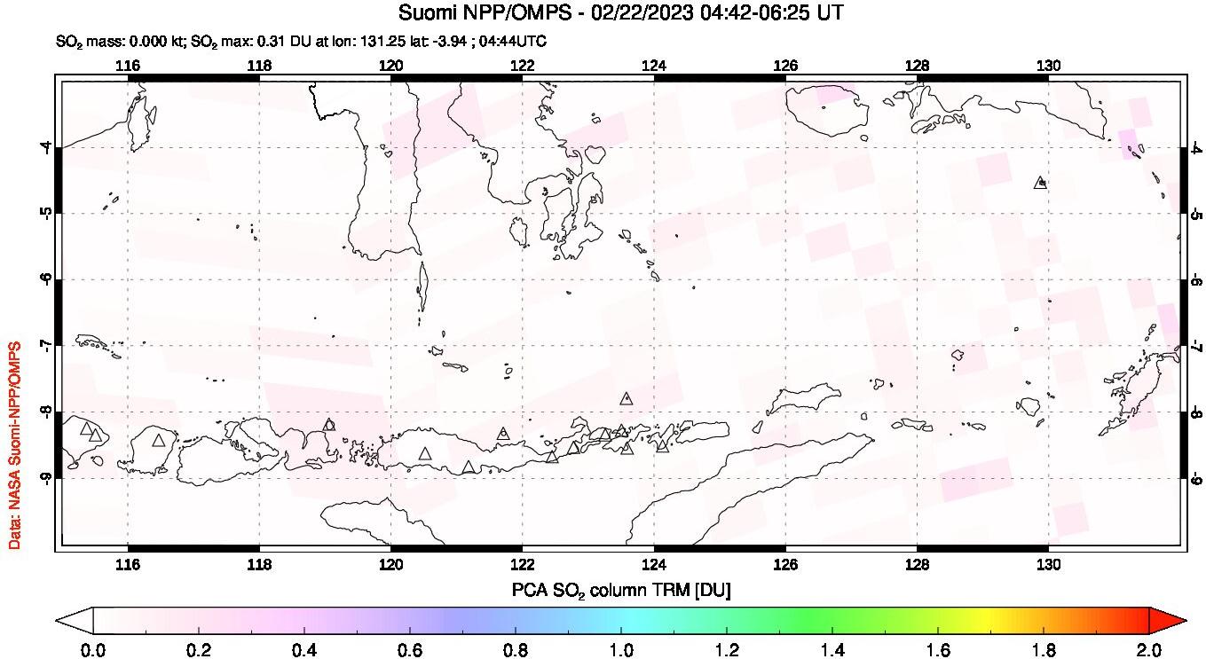 A sulfur dioxide image over Lesser Sunda Islands, Indonesia on Feb 22, 2023.