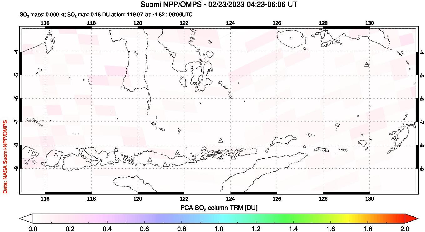 A sulfur dioxide image over Lesser Sunda Islands, Indonesia on Feb 23, 2023.