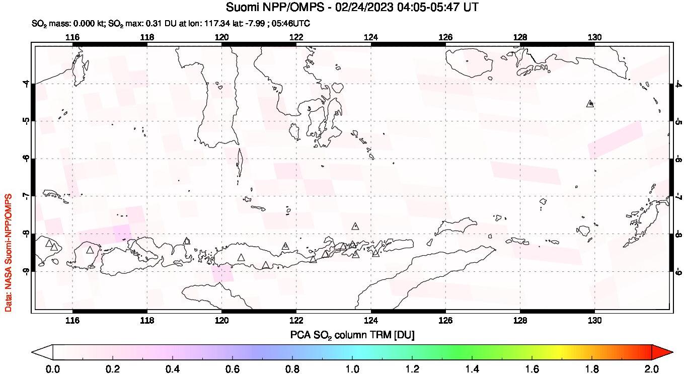 A sulfur dioxide image over Lesser Sunda Islands, Indonesia on Feb 24, 2023.