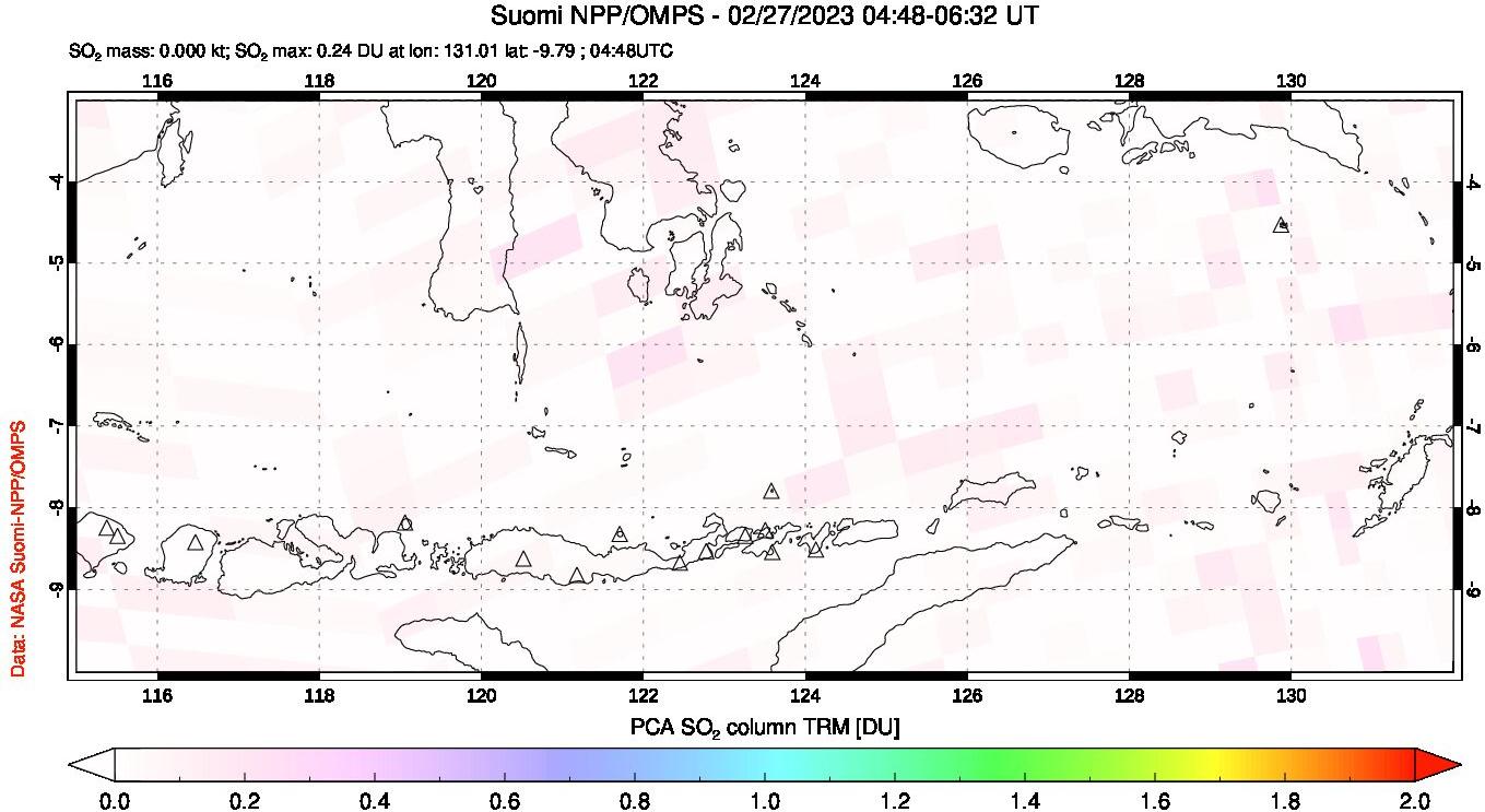 A sulfur dioxide image over Lesser Sunda Islands, Indonesia on Feb 27, 2023.