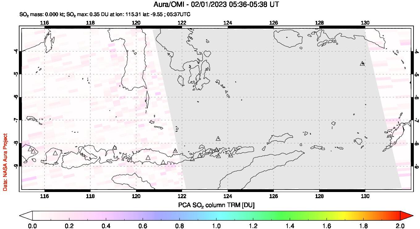 A sulfur dioxide image over Lesser Sunda Islands, Indonesia on Feb 01, 2023.