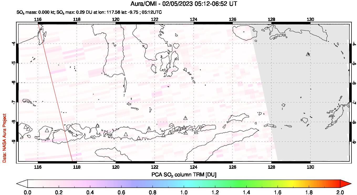 A sulfur dioxide image over Lesser Sunda Islands, Indonesia on Feb 05, 2023.