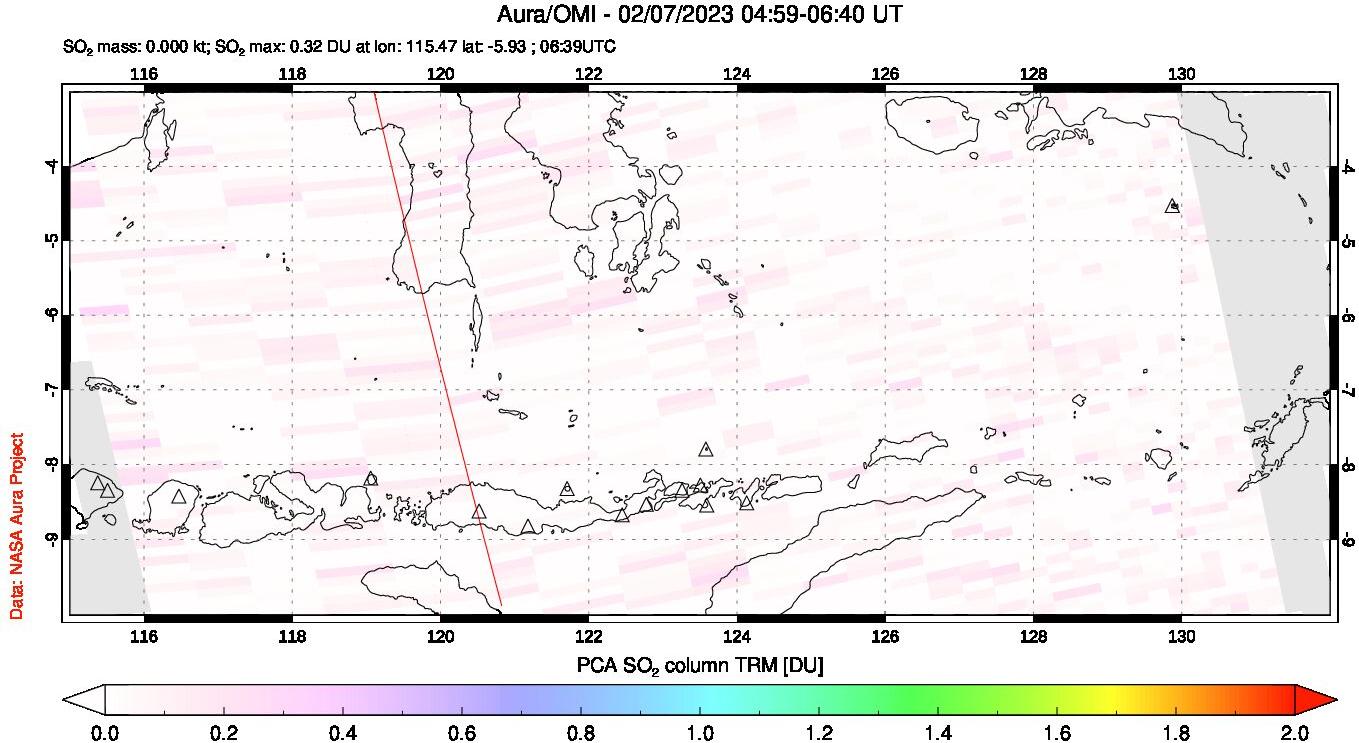 A sulfur dioxide image over Lesser Sunda Islands, Indonesia on Feb 07, 2023.
