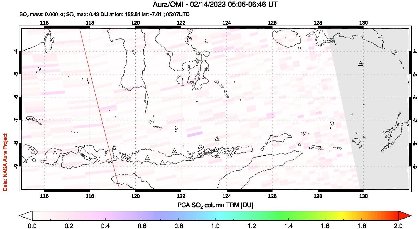 A sulfur dioxide image over Lesser Sunda Islands, Indonesia on Feb 14, 2023.