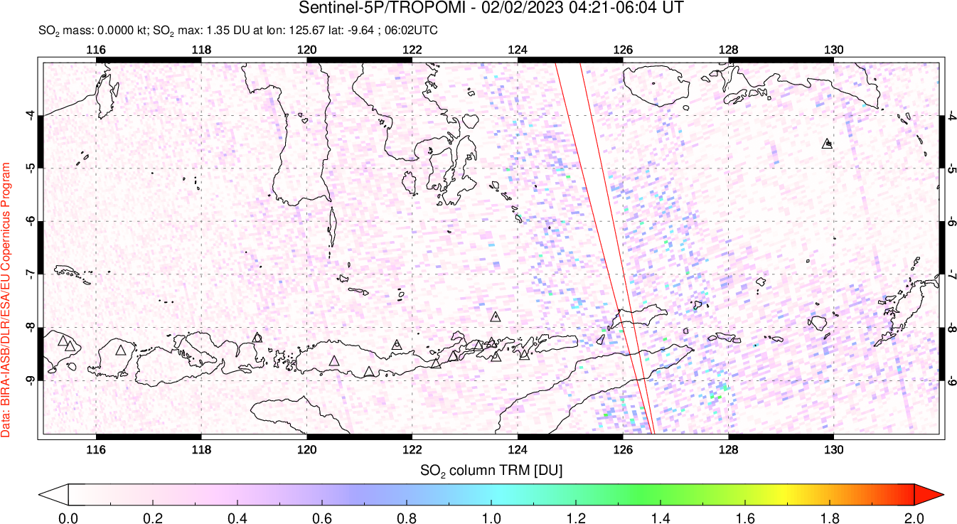 A sulfur dioxide image over Lesser Sunda Islands, Indonesia on Feb 02, 2023.